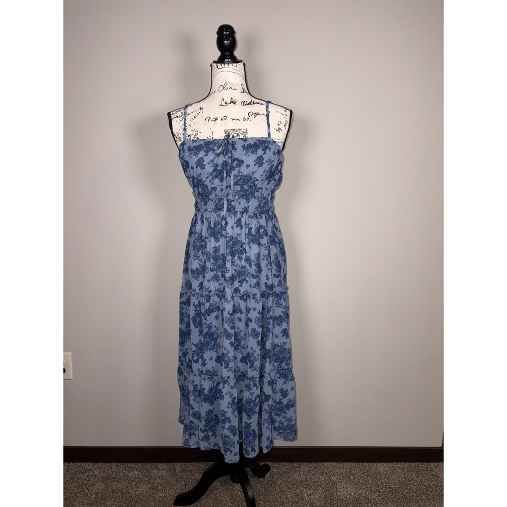 Trixx Blue Floral Spaghetti Strap Tiered Midi Dress Womens Size Small